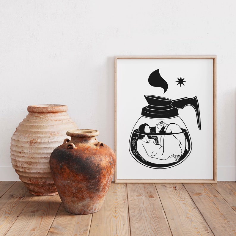 May include: Black and white illustration of a woman submerged in a coffee pot. The woman is depicted in a relaxed pose with her arms crossed. The coffee pot has a spout and a handle. The illustration is set against a white background.