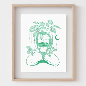 FLORA | Plant woman art print | Green wall art | Surreal line drawing | Witchy feminist decor | Divine feminine | Plant girl | Body positive