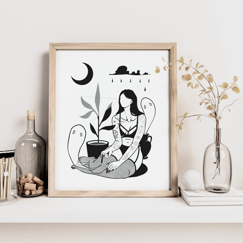 May include: Black and white illustration of a woman with tattoos sitting with two ghosts and a potted plant. The woman is wearing a bra and stockings. The background includes a crescent moon, a cloud, and raindrops.
