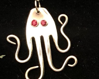 Squid fork pendant made from a repurposed silver plated fork with silver necklace  Silverware jewelry