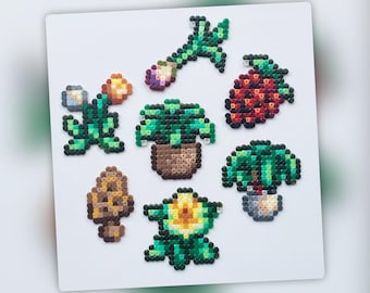 Artículos de primavera recolectados en Stardew Valley: mini cuentas Hama, decoración de pared, llavero, imán, adorno para pastel.