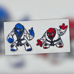 May include: Two pixel art figures of Pokemon characters, a blue and white figure of Blastoise and a red and white figure of Venusaur, both in a karate pose.