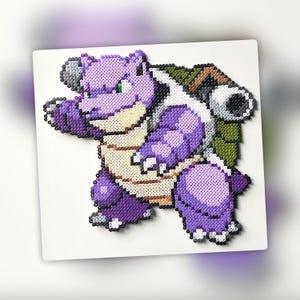 May include: A purple and green pixel art creation of a Pokemon character, Blastoise, with a shell on its back and a water cannon on its back.