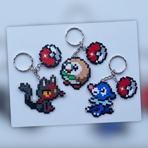 Rowlet, Litten & Popplio (Pokémon) | Handgjord Hama-pärlnyckelring | Magnet | Tårtdekoration | Pixelkonst-gamerpresent | Karaktärsberlock | Söt Kawaii