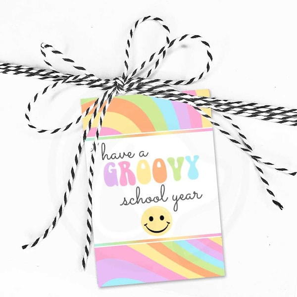 Printable Groovy Back To School Gift Tags, Back To School Smiley Face Sticker Label or Tag, Retro Groovy Hippy Classroom Printables
