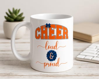 Taza de café para entrenadora de porristas, azul marino y naranja, regalo para equipos de porristas orgullosos y entusiastas.