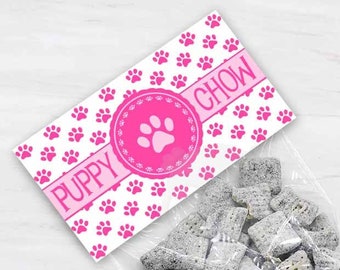 Printable Pink Puppy Chow Treat Bag Toppers, Puppy Birthday Thank You Bag Toppers, Dog Theme Party Favors, Instant Download