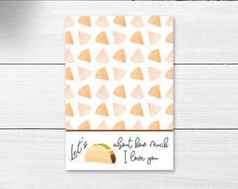 Valentine's Day Taco Mini Cookie Card, Taco Food Pun 3.5x5 Printable Card, Let's Taco About Printable Cookie Card Backer