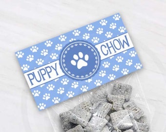 Light Blue Printable Puppy Chow Treat Bag Toppers, Boy Puppy Birthday Party Thank You Bag Topper, Dog Them Paw Print Muddy Buddy Chow Topper