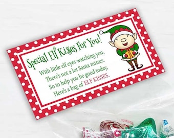 Elf Kisses Treat Bag Toppers, Christmas Elves Candy Bag Topper, Holiday Party Favors & Decor, Winter Party Favors, Stocking Stuffers