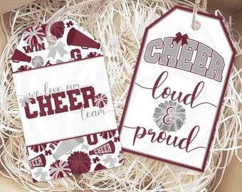 Printable Cheerleading Gift Tags, Maroon Silver Gray Cheer Team Squad Gift Tags, Cheerleader Cookie Tag Topper Instant Download