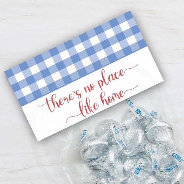 There's No Place Like Home Bag Topper, Blue Gingham Birthday Housewarming Cookie or Candy Bag Topper, Girl or Boy Birthday Party Favor Bag