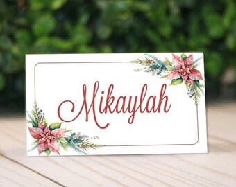 Poinsettia Christmas Place and Tent Cards, Holiday Tent and Food Cards, Christmas Dinner Party Name Place Cards, Printable Place Cards