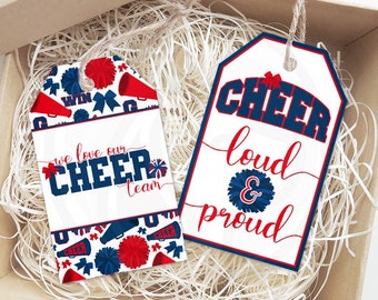 Red Blue Cheerleading Printable Gift Tags, Cheer Team Printable Tags, Cheer Coach Gift Tag, Cheer Loud & Proud Printable Instant Download