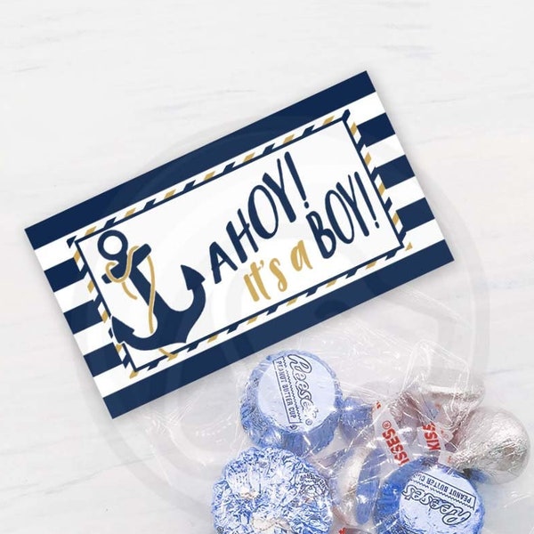 Ahoy It's A Boy Navy Blue Gold Nautical Treat Bag Topper for Baby Shower Gender Reveal Parties, Instant Download, Cookie Bag Toppers