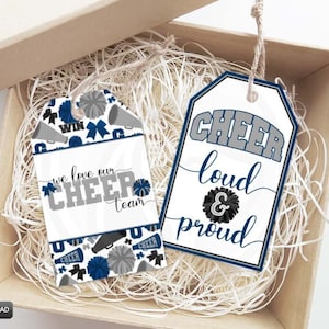 Printable Cheer Team Gift Tags, Navy Blue Silver Cheerleading Gift Tags, Cheer Loud and Proud Printable Cookie Bag Topper Download