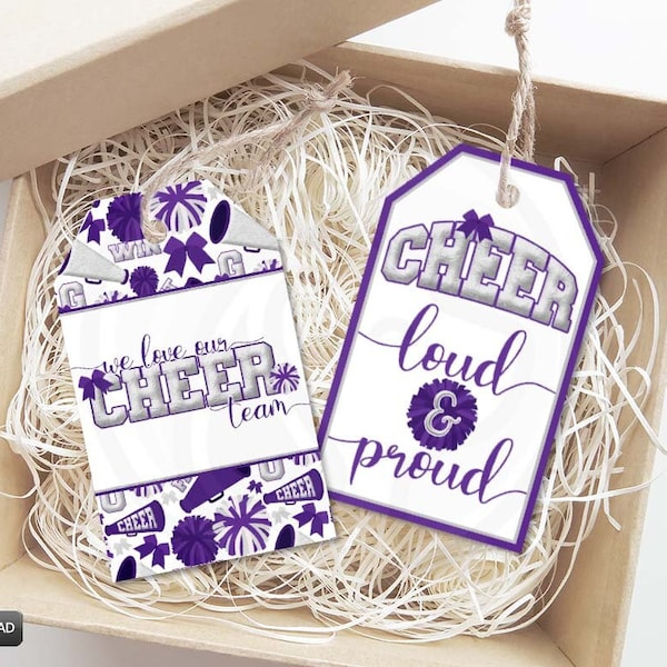 Purple Silver Cheerleader Printable Gift Tags, Cheer Team Squad Mom Coach Gift Tags, Purple Cheerleading Cookie Tags, Instant Download