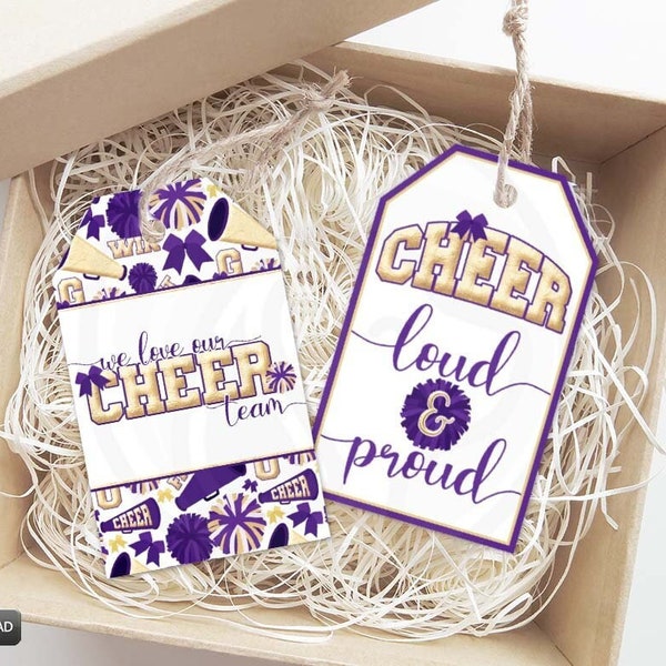 Purple Gold Cheerleading Printable Gift Tags, Cheer Team Squad Mom Coach Gift Tags, Purple Cheerleader Cookie Tags, Instant Download