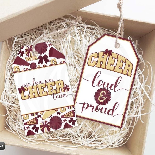 Cheerleading Printable Gift Tags, Maroon Burgundy Gold Cheer Team Squad Mom Coach Gift Tags, Cheerleading Cookie Tags, Instant Download