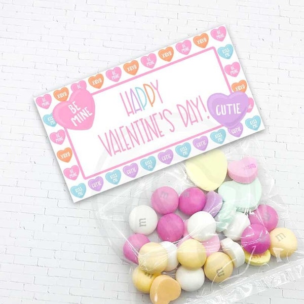 Printable Valentine's Day Treat Bag Topper, DIY Valentine Day Cookie Candy Favor Bag Topper Printable Digital Download, Conversation Hearts