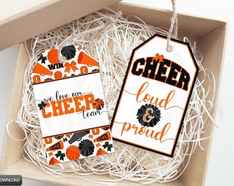 Printable Cheerleading Gift Tags, Cheer Team Coach Gift Tags, Orange and Black College High School Cheer Squad Gift Tag Bag Topper