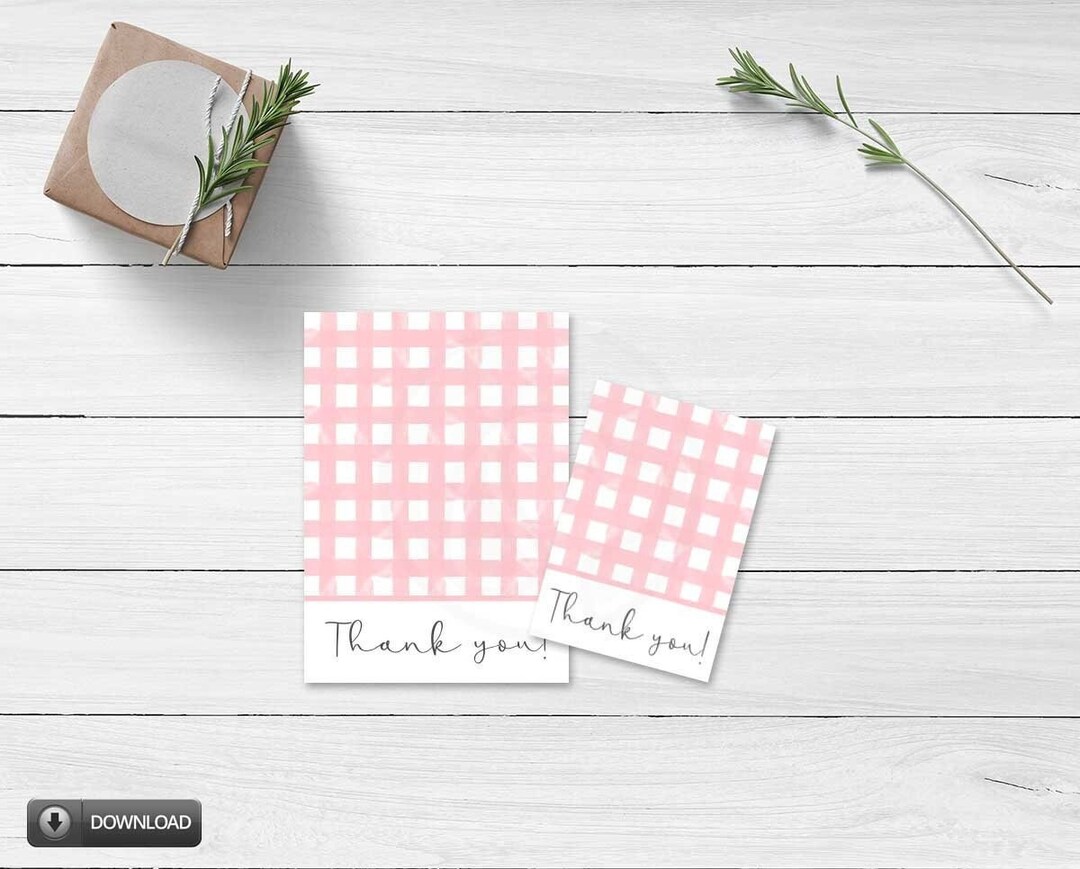 Printable Pink Thank You Card, Watercolor Mini and Large Gingham Cookie ...