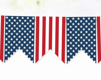 Stars And Stripes Patriotic Printable Banner Pieces for 4th of July Memorial Day or Veterans Day, Red White & Blue Banner Bunting Download