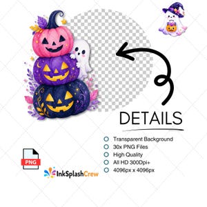 Puede incluir: Ilustraci&oacute;n en acuarela con tres calabazas apiladas en rosa, morado y azul marino, cada una con una cara de linterna tallada. Tambi&eacute;n hay un peque&ntilde;o fantasma y un fantasma de bruja. La palabra "DETAILS" est&aacute; escrita debajo.