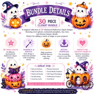 Puede incluir: Un conjunto de 30 dise&ntilde;os de clipart de Halloween con fantasmas, calabazas, estrellas y detalles de fantas&iacute;a. Las ilustraciones en acuarela son ideales para invitaciones, pegatinas y proyectos de scrapbooking.