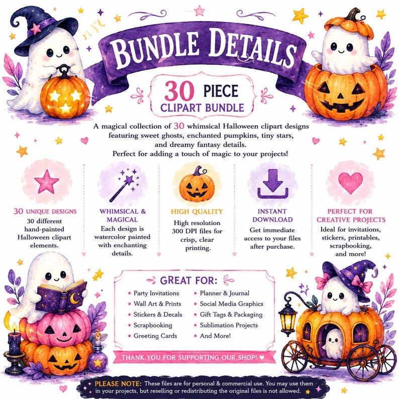 Puede incluir: Un conjunto de 30 dise&ntilde;os de clipart de Halloween con fantasmas, calabazas, estrellas y detalles de fantas&iacute;a. Las ilustraciones en acuarela son ideales para invitaciones, pegatinas y proyectos de scrapbooking.