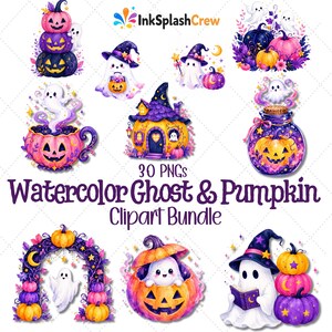 Puede incluir: Una colecci&oacute;n de im&aacute;genes predise&ntilde;adas de Halloween en acuarela. Las im&aacute;genes incluyen fantasmas, calabazas, un sombrero de bruja y una casa. El texto "Watercolor Ghost & Pumpkin Clipart Bundle" se muestra en el centro de la imagen.