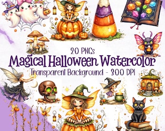 Paquete de imágenes prediseñadas mágicas de Halloween en acuarela: bruja, hada, fantasma, calabaza, gato (descarga digital).