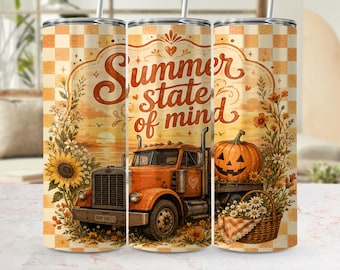 Diseño PNG de camión vintage, calabaza y girasoles para vaso térmico (20 oz) / Diseño digital de otoño