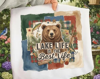 Estampado de oso en acuarela, decoración rústica para cabaña, sublimación de aventura de pesca (descarga digital)