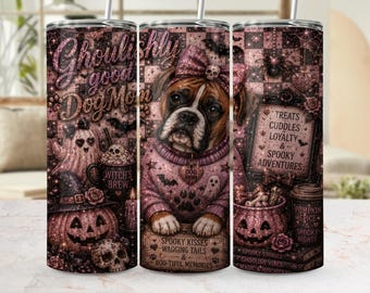 Diseño PNG de vaso térmico de Halloween con diseño de mamá de perro bóxer, diseño rosa espeluznante con purpurina (descarga digital)