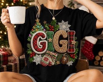 Christmas Gigi PNG Sublimation Design, Rustic Holiday Plaid, Vintage Ceramic Tree (Digital Download)