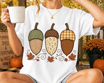 Vintage Autumn Acorn PNG, Rustic Fall Patchwork Sublimation Clipart (Digital Download)