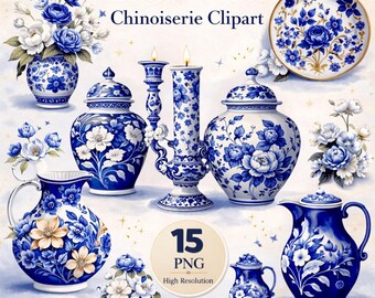 15 Piece Blue White Porcelain Clipart, Floral China Art, Teacups, Plates, Pitcher, Flower Vase PNG Graphics, Digital Designs
