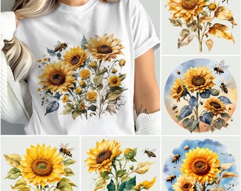 Paquete de imágenes prediseñadas de girasol y abeja: paquete de imágenes prediseñadas florales de 300 DPI con girasoles y abejas / PNG florales brillantes / Gráficos adorables de abejas y girasoles