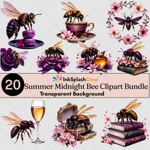 May include: A digital art bundle featuring 20 bee-themed clipart images. The illustrations showcase bees with purple and gold accents, flowers, teacups, books, and macarons. The text reads "Summer Midnight Bee Clipart Bundle Transparent Background."