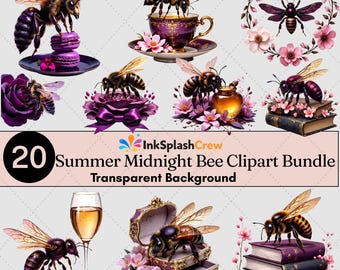 Lot de cliparts abeille de minuit | Élégante abeille floue, ruban violet, fleurs (téléchargement numérique)