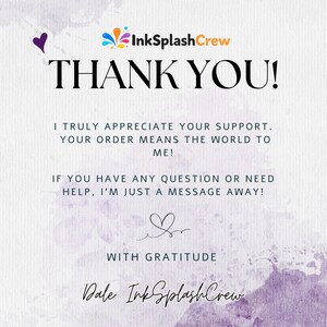 Puede incluir: Una tarjeta de agradecimiento con un fondo de acuarela y el texto "THANK YOU!" en letras grandes y en negrita. La tarjeta incluye un mensaje de agradecimiento y el logotipo de InkSplashCrew.