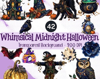 Paquete de imágenes prediseñadas de Halloween de medianoche con temática de fantasía y amigos (descarga digital)