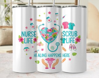 Diseño PNG de envoltura para vaso de enfermera, estetoscopio tropical, diseño de uniforme médico (descarga digital)