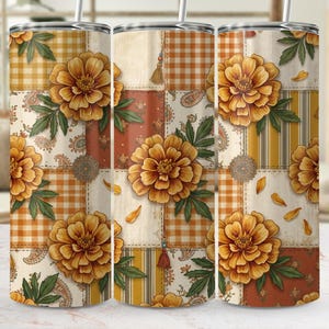 Najaarsverpakking goudsbloem patchwork beker, rustiek bloemensublimatieontwerp (digitale download)