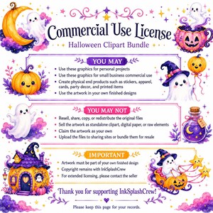 Puede incluir: Un paquete de im&aacute;genes predise&ntilde;adas de Halloween con licencia de uso comercial. La imagen presenta fantasmas de dibujos animados, calabazas, una luna creciente y un sombrero de bruja. El texto incluye pautas de uso e informaci&oacute;n de derechos de autor.