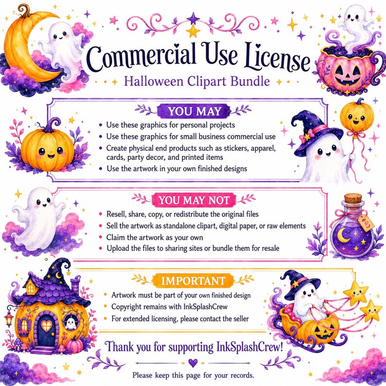 Puede incluir: Un paquete de im&aacute;genes predise&ntilde;adas de Halloween con licencia de uso comercial. La imagen presenta fantasmas de dibujos animados, calabazas, una luna creciente y un sombrero de bruja. El texto incluye pautas de uso e informaci&oacute;n de derechos de autor.