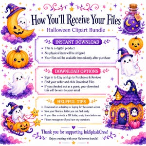 Puede incluir: Un paquete de im&aacute;genes predise&ntilde;adas digitales de Halloween con ilustraciones caprichosas. La imagen presenta una luna creciente, calabazas, fantasmas, una botella de poci&oacute;n y una casa de brujas. El texto incluye "How You'll Receive Your Files" e instrucciones de descarga.