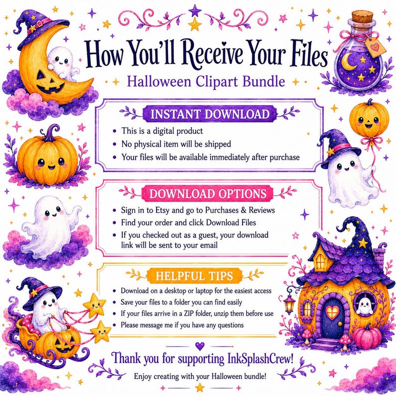 Puede incluir: Un paquete de im&aacute;genes predise&ntilde;adas digitales de Halloween con ilustraciones caprichosas. La imagen presenta una luna creciente, calabazas, fantasmas, una botella de poci&oacute;n y una casa de brujas. El texto incluye "How You'll Receive Your Files" e instrucciones de descarga.