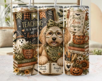 Diseño PNG para vaso térmico con diseño de perro para Halloween y otoño (descarga digital)